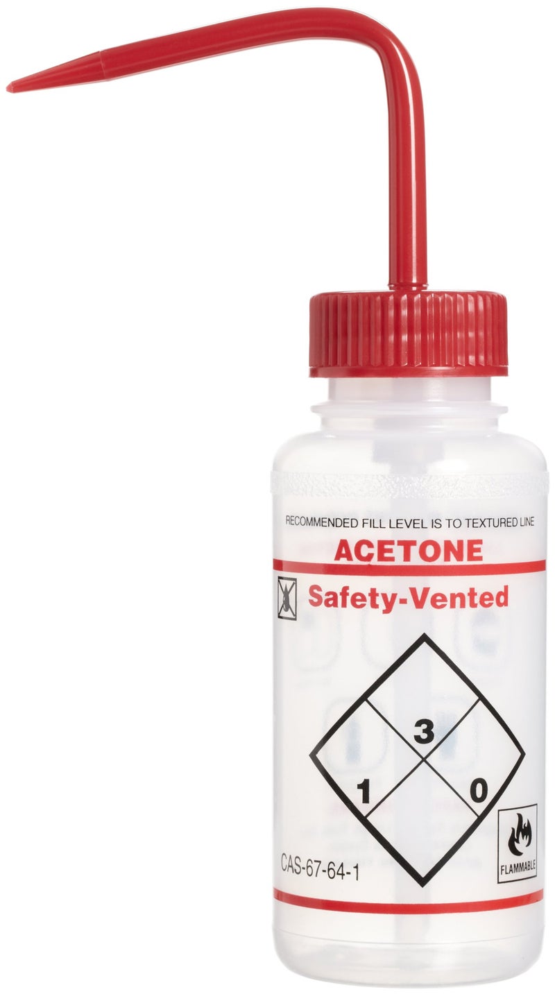 SP Bel-Art Safety-Vented/Labeled 2-Color Acetone Wide-Mouth Wash Bottles; 250ml (8oz), Polyethylene w/Red Polypropylene Cap (Pack of 3) (F11643-0222)